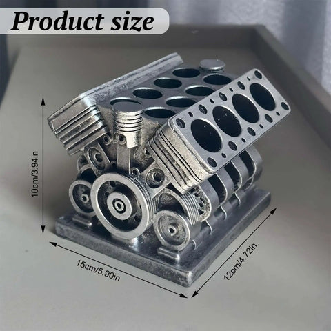 V8 Engine Model Pen And Pencil Holder For Desk Resin Desktop Stationery Organizer With Compartments shown with size dimensions.