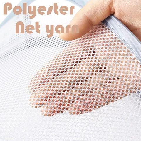 Close-up of hand holding polyester net yarn for Durable Mesh Wall Mount Laundry Hamper For Dorms And Hotels, Collapsible Hanging Laundry Basket, 15.35 By 12.2 Inches, Sturdy Campus Life Organizer With Two Hooks No Fuss Laundry Solution.