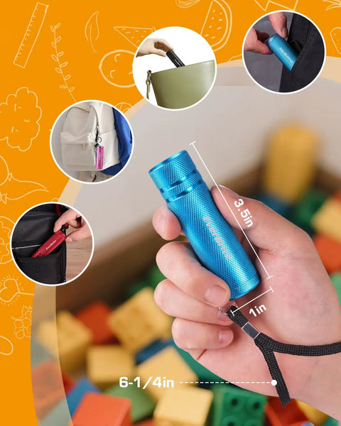 Close-up of blue flashlight from 30 Pack Mini Flashlight Set With Aluminum LED Handheld Torches And Lanyards Assorted Colors