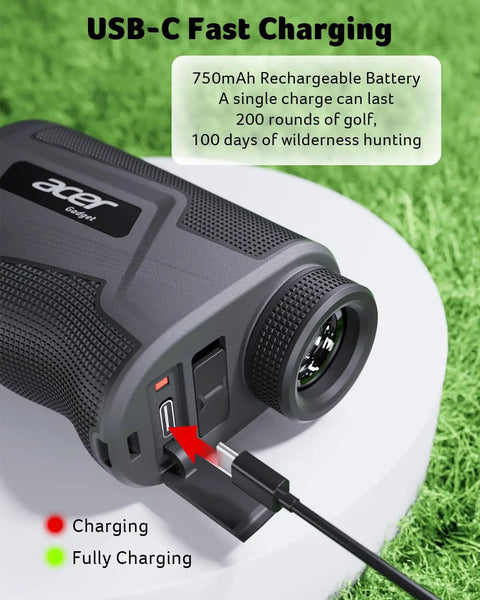 Go To Golf Rangefinder With Slope And Anti Shake Tech, 800 Yard Range, showing USB-C charging port and cable connection