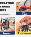 Operation steps for Pro Grade Heavy Duty Battery Cable Crimping Tool Kit With Ratchet Hex Extended Handle including cutting, jaw selection, and crimping.