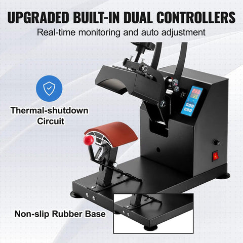 Zero Hassle 6X3.75 Inch Curved Hat Heat Press Clamshell Design Nonstick Aluminum Plate Digital Lcd Timer temperature control with rubber base.