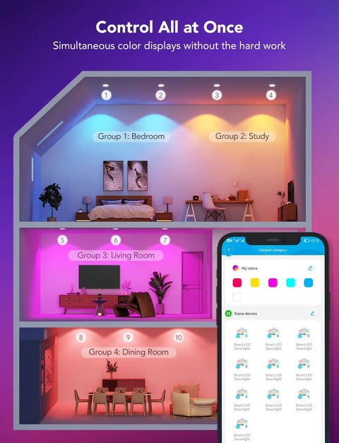 Govee Smart Recessed Lighting 4 Inch, LED Downlight 800 Lumen, 8 Pack in various color setups in home environments.