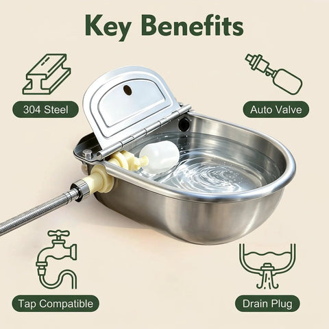 Automatic Dog Water Dispenser With Smart Float Valve Auto Filling Water Bowl For Cats Pups And Livestock Indoor Outdoor Hydration Station showcasing stainless steel design with auto valve feature.
