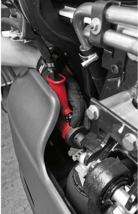 Mechanic using Half Inch Air Impact Wrench With Aluminum Body And Steel Front Cover Delivers 450 Foot Pounds of Torque