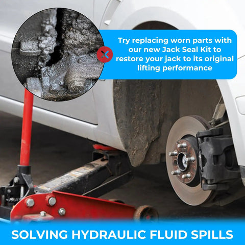 Pro Grade 15 Piece Floor Hydraulic Jack Seal Kit for 3 Ton Horizontal Floor Jack with oil seal close-up and car suspension