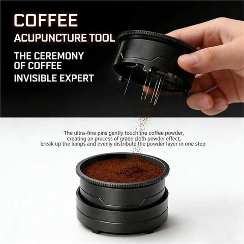 58mm Rotary Espresso WDT Tool Kit With Stainless Steel Powder Distributor And Clump Busting Stirrer, showing coffee being distributed.