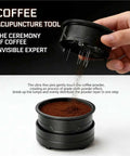 Premium 58Mm Espresso Accessory Set Featuring Rotary Needle Powder Distributor And Stainless Steel Wdt Tool For Universal Portafilter Barista Kits To Kick Start Your Brewing Game And Nail Every Shot, close-up of acupunture tool in use with coffee powder.