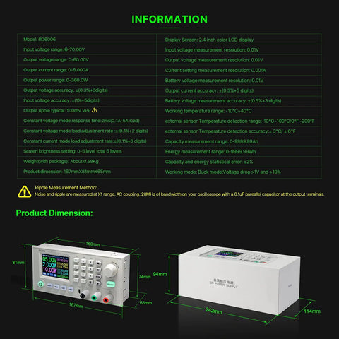 6006 60V 6A DC DC Step Down Power Supply Kit With D6006 Case And 400W PSU features and dimensions displayed.