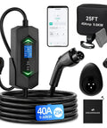 Plug And Play Level 2 Electric Vehicle Charger 40 Amp 240 Volt with J1772 connector and smart WiFi app control accessories.