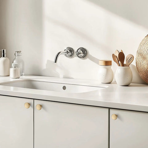 Kitchen with Champagne Bronze Cabinet Knobs, featuring zinc round hardware on white cabinets, modern European design.