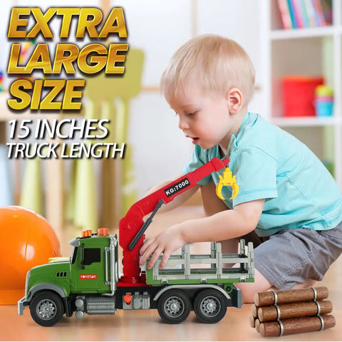 15 Inch Large Timber Log Truck With Loading Crane Six Wooden Logs Lights And Sounds Realistic Inertial Skid Play Toy For Boys