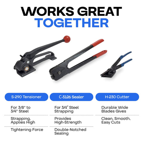 Heavy Duty Front Action Steel Strapping Sealer And Crimper For Three Quarter Inch Strapping With Long Fourteen Inch Handle Front Action Operates On Horizontal And Vertical Surfaces Heat Treated Wear Resistant Parts, steel strapping tool set