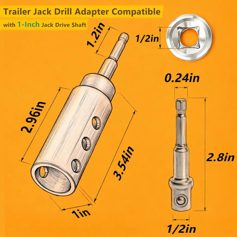 Beefed Up Stainless Steel Trailer Jack Drill Adapter With One Inch Drive Shaft And Half Socket Bit, showing dimensions and design.