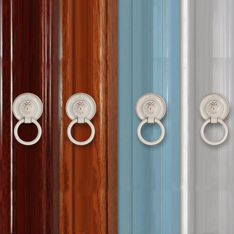 European Style Drop Ring Pull Handles for Cabinets and Drawers Lotus Pattern Knobs on colored cabinet surfaces