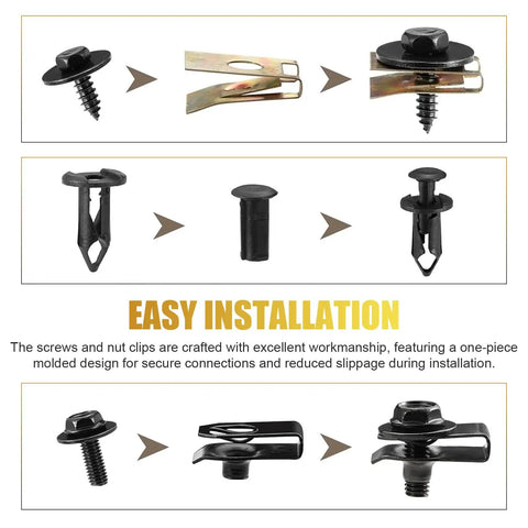 Diagram showing installation steps of 100 Piece Car Screws And Bolts Kit Heavy Duty Undertray Screws Auto Body Fender Screws Splash Guard Clips And Universal U Nuts Kit Universal For Most Cars Trucks SUVs Black.