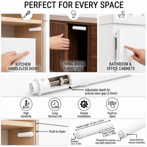 Diagram of 10 Pack White Magnetic Push Latches for Cabinets and Drawers, Concealed Inside Door Hardware installation.