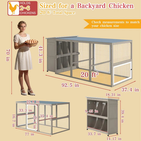 Large Outdoor Chicken Coop With Run For 6 To 8 Chickens shown in backyard setting with measurements and woman holding eggs