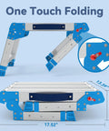 Built Tough Heavy Duty Work Platform With One-Touch Folding, 440 Lb Capacity, 3 Adjustable Heights From 11.82 To 15.75 Inches, Non-Slip Feet, Textured Surface, Blue Utility Ladder For Home Or Shop folded and open view, 17.52 in wide