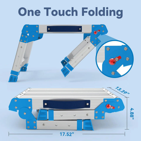Built Tough Heavy Duty Work Platform With One-Touch Folding, 440 Lb Capacity, 3 Adjustable Heights From 11.82 To 15.75 Inches, Non-Slip Feet, Textured Surface, Blue Utility Ladder For Home Or Shop folded and open view, 17.52 in wide