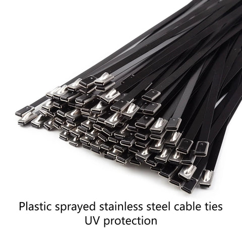 Bundle of black stainless steel cable ties, 100 pcs, plastic-coated with UV protection