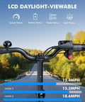 C1 Plus Electric Scooter For Adults With Seat And Pet Basket, LCD display showing speed, battery, and mode, scenic background