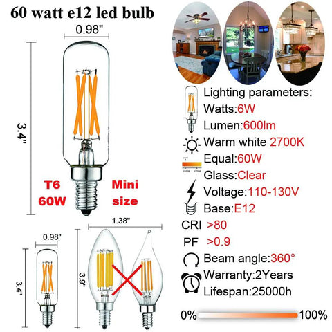Dimmable E12 LED Bulb 6W Equiv To 60W Warm White 2700K T6 T25, 600 Lumens diagram and usage scenarios