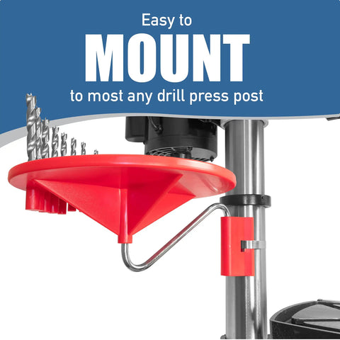 Drill Press Tool Tray With 11 Inch Diameter 360 Degree Rotating Tray Steel Swing Arm Mounting Bracket And 4 Inch Steel Band Clamp For Grab And Go Quick Bit Access And An Organized Workshop