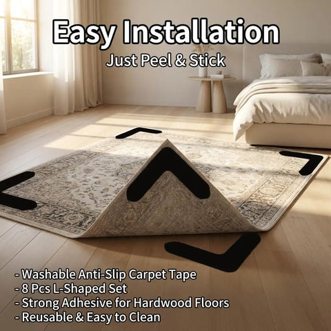 8 Pack L Shaped Rug Grippers, Washable Anti Slip Tape for hardwood floors under corner of area rug in bedroom.