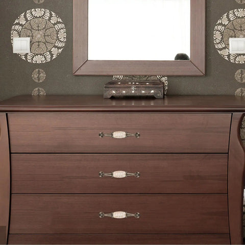 Four Pack Marble Print Ceramic Cabinet Pull Handles For Bathroom And Wardrobe Furniture Knobs installed on wooden drawers