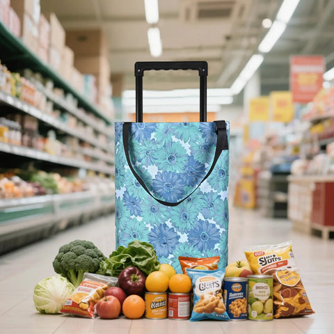 Collapsible Shopping Cart With Wheels Expandable Portable Waterproof Tote for Market and Grocery Runs in a store setting