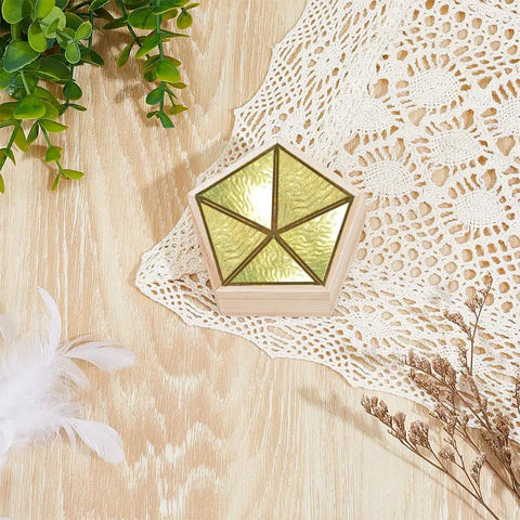 Solid Wood 3D Glass Soldering Jig With Traditional Pentagon Form For Stained Glass And Succulent Displays, golden pentagon on wooden table.
