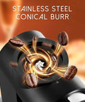 Conical Burr Coffee Grinder Electric For Home Use With Stainless Steel Burrs 30 Grind Settings close-up showing burr mechanism.