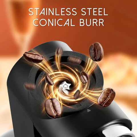 Conical Burr Coffee Grinder Electric For Home Use With Stainless Steel Burrs 30 Grind Settings close-up showing burr mechanism.