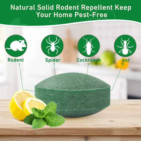24 Pack Peppermint Oil Rodent Repellent Busts Mice Rats Spiders Roaches Squirrels Inside Out, green mint disc on wooden surface.