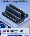 Desk Friendly Vertical Laptop Stand Dock 3 In 1 Holder For Laptop And Phone Or Tablet, Adjustable Width, Black