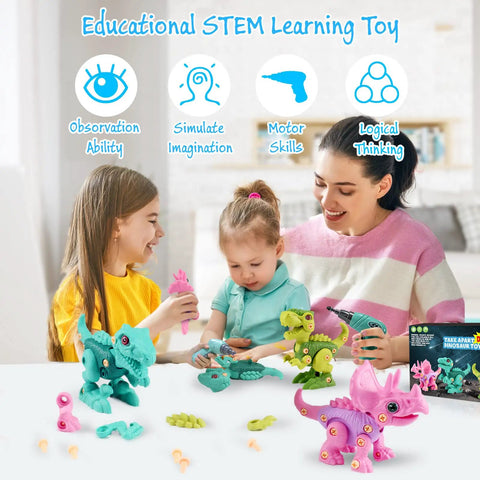 Take Apart Dinosaur Toys For Kids Aged 3 Through 7 With Electric Drill STEM Building Set Three Pack Featuring Pink Triceratops Green Tyrannosaurus Rex And Cyan Velociraptor Kid Friendly Hands On Construction Toy Gift Idea, kids assembling plastic dinos