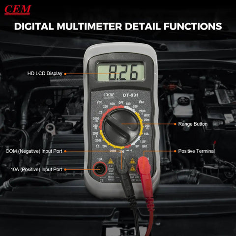 Versatile Digital Multimeter 600 Volt AC DC Voltage Meter With Backlit LCD Display shown with detailed function labels