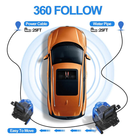 Powerful Electric Pressure Washer For Cars And Outdoor Cleanup around orange car with 25ft cable, water hose visible