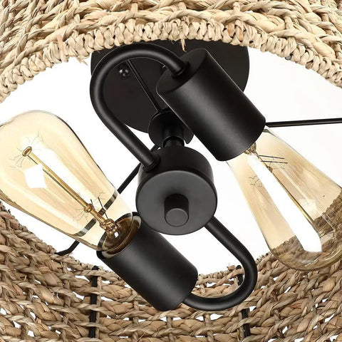 Close-up of Rattan Semi Flush Mount Ceiling Light With Black Canopy 2 Light 12 Inch Drum Shade Fixture for Hallway Bedroom Kitchen