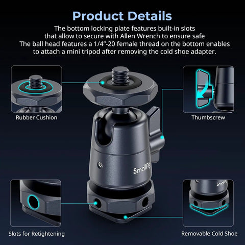 Diagram of Two Pack Pro Grade Mini Ball Head With One Quarter Inch Screw and Removable Shoe Mount, highlighting rubber cushion and thumb screw.