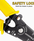 Close-up of Heavy Duty Wire Stripper And Cutter Tool for 20-30 AWG wires showing spring-loaded safety lock mechanism, yellow handle.