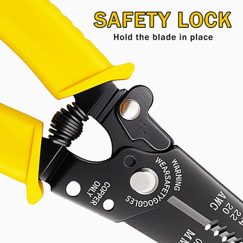 Close-up of Heavy Duty Wire Stripper And Cutter Tool for 20-30 AWG wires showing spring-loaded safety lock mechanism, yellow handle.