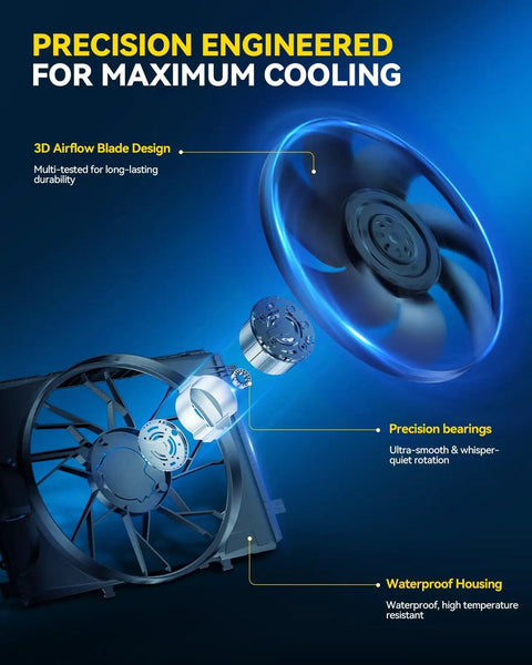 Premium Direct Swap Radiator Cooling Fan Assembly For Chevy Cruze And Verano Engine Electric Blower Motor Oem Spec Build, features 3D blade design and waterproof housing.