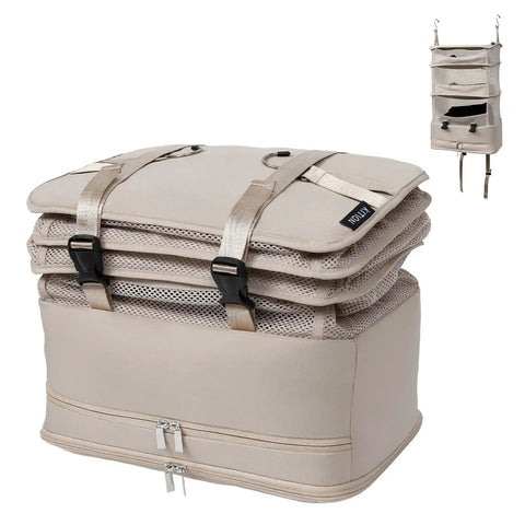 Travel Hanging Shelf Bag With 5 Tier Packing Cube Organizer Portable Folding Closet Storage Bag With See Through Mesh 2 Hooks For Camper Hotel Suitcase RV Grab And Go Convenience, compact beige organizer with mesh shelves and hooks