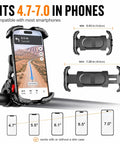 Heavy Duty UTV Phone Mount For Round Handlebars Roll Bars Fits 4 7 To 7 Inch Smartphones With Rock Solid Grip showing device size compatibility.