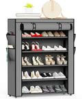 Gray 6 Tier Shoe Rack With Cover, Large Capacity Shoe Organizer for Entryway Front Door Closet or Garage, filled with shoes
