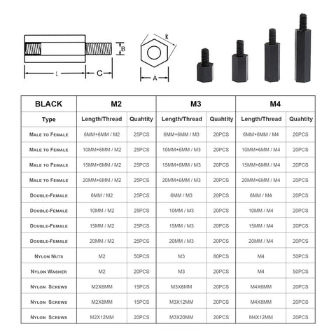 320Pcs M3 Nylon Hex Spacer Standoff Kit With Male And Female Threaded Pillars, Nuts, Screws For PCBs And Motherboards, Black, Includes Plastic Storage Box Great For DIY Projects, diagram and components list shown