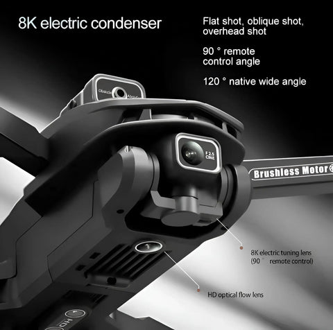Close-up of 8K Camera Drone With Intelligent Obstacle Avoidance, Optical Flow Positioning, showing lens and sensors.