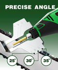 All In One Electric Chainsaw Sharpener Kit With 54 Piece Accessory Set Including Pro Grade Diamond Wheels Burr Grinding Stones Cutting Discs Felt Discs Chrome Corundum Wheels Angle Attachment And Wrench For All Chainsaw Chains showing precise angle settings.